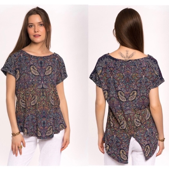 Lucky Brand Paisley Tee Shirt Short Sleeve Split Back 2X Boho Casual Artsy - Picture 1 of 13